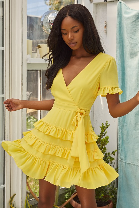 Faux Wrap Light Yellow Dress - Ruffled ...